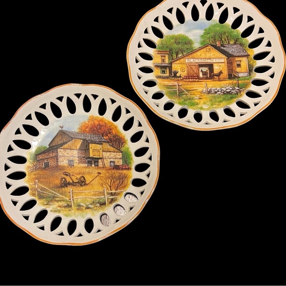 Vintage Lattice Edge Farm Scene Plates - Set of 2 - Picture 1 of 5